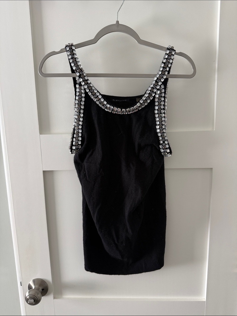 Elie Tahari Black Sweater with Clear Jeweled Trim